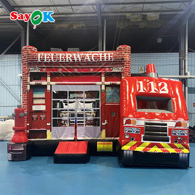 Sayok Customized Inflatable Castle Fire Station เครื่องขับรถดับเพลิงแบบอัดลม มีสไลด์
