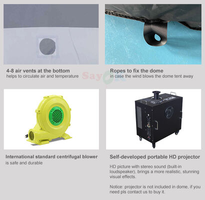 เต็นท์โปแลนเตอเรียมแบบพัดลมแบบพกพา SAYOK สําหรับโรงภาพยนตร์ หนังและเด็ก การศึกษาในโรงเรียน พร้อมเครื่องเป่าอากาศและกระเบื้องพื้น
